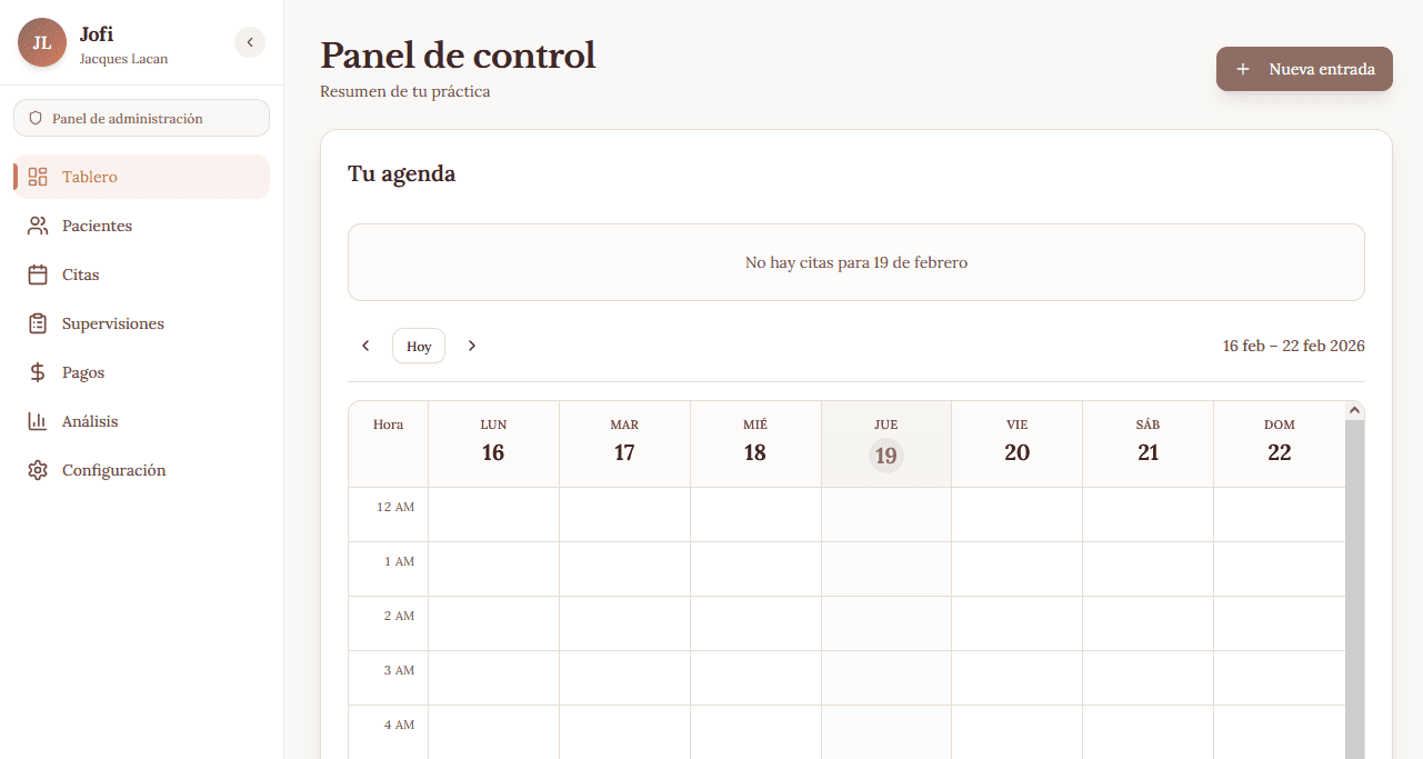 Panel de Jofi con datos de la práctica